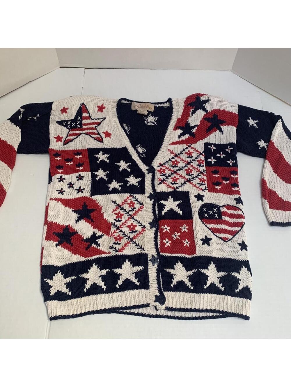 Vintage Patriotic Chunky Knit Flag Cardigan Sweater Size Large